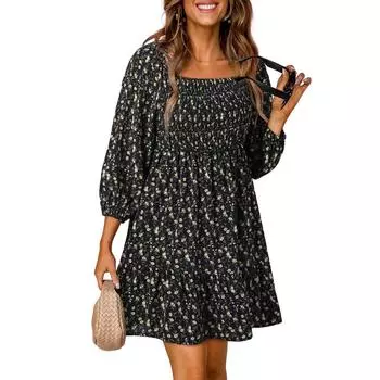 Женские летние платья Повседневный сарафан Свободные мини-платья с рукавами 3/4 и струящимся квадратным вырезом XL чёрный