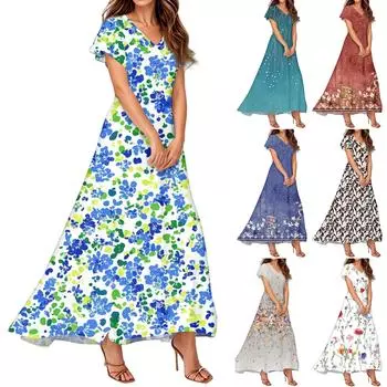 Женские летние платья Повседневный сарафан Свободные платья с V-образным вырезом и струящимися оборками с короткими рукавами XXL синий