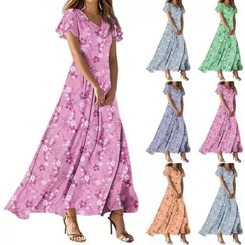 Женские летние платья Повседневный сарафан Свободные платья с V-образным вырезом и струящимися оборками с короткими рукавами L