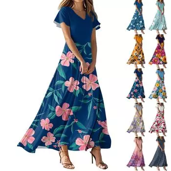 Женские летние платья Повседневный сарафан Свободные платья с V-образным вырезом и струящимися оборками с короткими рукавами L синий