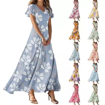 Женские летние платья Повседневный сарафан Свободные платья с V-образным вырезом и струящимися оборками с короткими рукавами L
