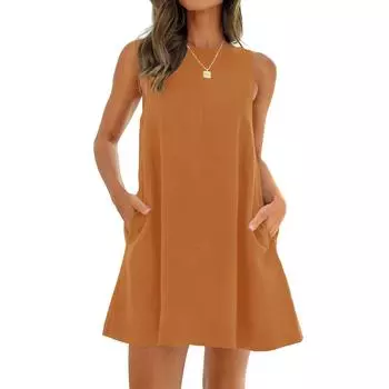 Женские летние платья Повседневный женский сарафан с круглым вырезом Свободные струящиеся короткие платья-майки L оранжевый