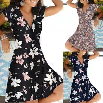 Женские летние платья-пуловеры на молнии с v-образным вырезом и цветочным принтом с короткими рукавами XXL чёрный