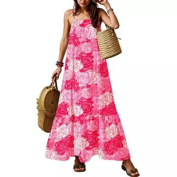 Женские летние платья с бретельками-спагетти, круглым вырезом, сборками и оборками, струящееся платье-макси в стиле бохо L
