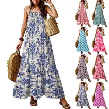 Женские летние платья с бретельками-спагетти, круглым вырезом, сборками и оборками, струящееся платье-макси в стиле бохо XXL коричневый