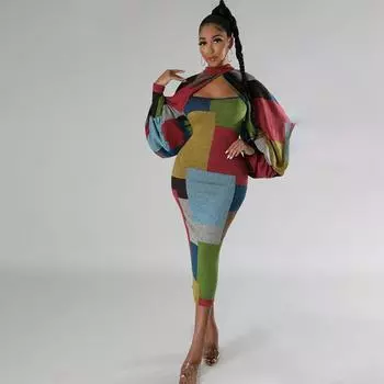 Женские летние платья с длинным рукавом и принтом в стиле пэчворк больших размеров S разноцветный