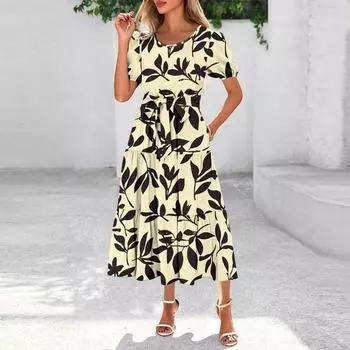 Женские летние платья с коротким рукавом, застежкой на пуговицы и завязкой на талии, в стиле бохо, струящееся многослойное макси-платье XXL бежевый