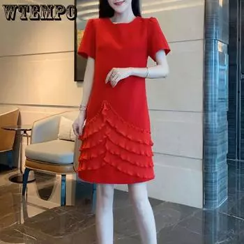 Женские летние платья с коротким рукавом, оборками и свободной талией, а-силуэта, маленькие, свежие, милые S чёрный