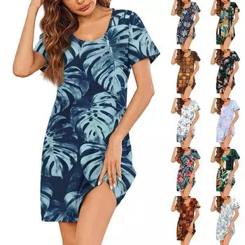 Женские летние платья с коротким рукавом, льняные повседневные футболки, пляжные платья-миди, сарафаны с карманами L чёрный