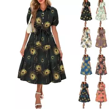 Женские летние платья с коротким рукавом, застежкой на пуговицы и завязкой на талии, в стиле бохо, струящееся многослойное макси-платье M синий