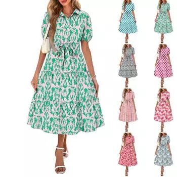 Женские летние платья с коротким рукавом, застежкой на пуговицы и завязкой на талии, в стиле бохо, струящееся многослойное макси-платье XXL
