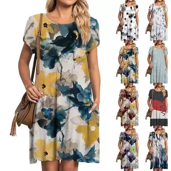 Женские летние платья с короткими рукавами, повседневное свободное платье с круглым вырезом, удобный пляжный сарафан с карманами