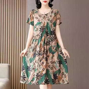 Женские летние платья с короткими рукавами, винтажные платья больших размеров, свободные однотонные платья с круглым вырезом, платья средней длины 6XL