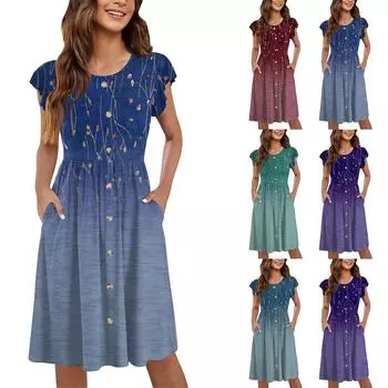 Женские летние платья с круглым вырезом и рукавами-крылышками, повседневные свободные платья-миди с карманами на пуговицах и принтом S винный