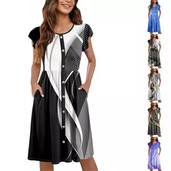 Женские летние платья с круглым вырезом и рукавами-крылышками, повседневные свободные платья-миди с карманами на пуговицах и принтом S серый