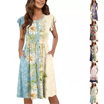 Женские летние платья с круглым вырезом и рукавами-крылышками, повседневные свободные платья-миди с карманами на пуговицах и принтом XL фиолетовый