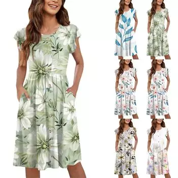 Женские летние платья с круглым вырезом и рукавами-крылышками, повседневные свободные платья-миди с карманами на пуговицах и принтом M