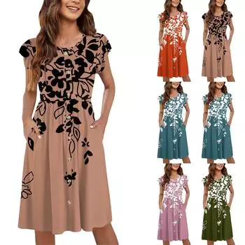 Женские летние платья с круглым вырезом и рукавами-крылышками, повседневные свободные платья-миди с карманами на пуговицах и принтом XXXL синий