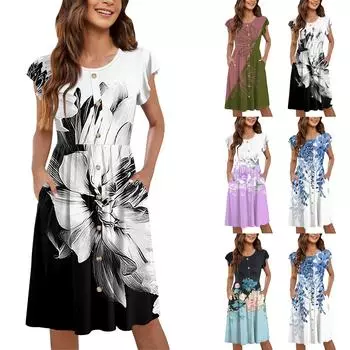 Женские летние платья с круглым вырезом и рукавами-крылышками, повседневные свободные платья-миди с карманами на пуговицах и принтом XXXL