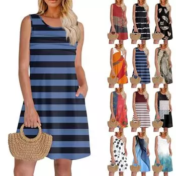 Женские летние платья с круглым вырезом, плиссировкой спереди, без рукавов, карманами, сарафаном, повседневным платьем L чёрный