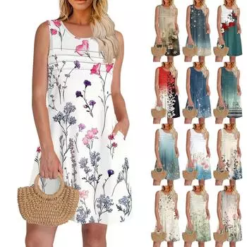 Женские летние платья с круглым вырезом, плиссировкой спереди, без рукавов, карманами, сарафаном, повседневным платьем L бежевый