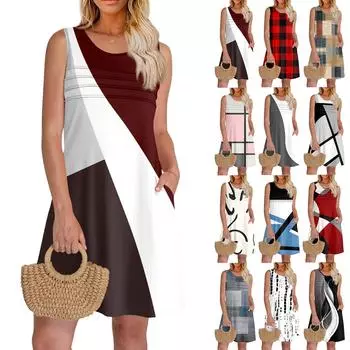 Женские летние платья с круглым вырезом, плиссировкой спереди, без рукавов, карманами, сарафаном, повседневным платьем XXXL