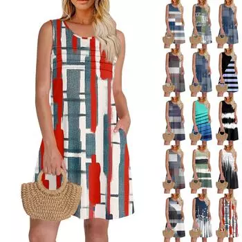 Женские летние платья с круглым вырезом, плиссировкой спереди, без рукавов, карманами, сарафаном, повседневным платьем S