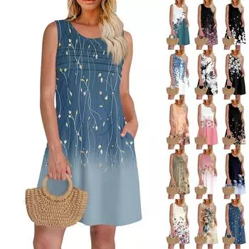 Женские летние платья с круглым вырезом, плиссировкой спереди, без рукавов, карманами, сарафаном, повседневным платьем XXXL