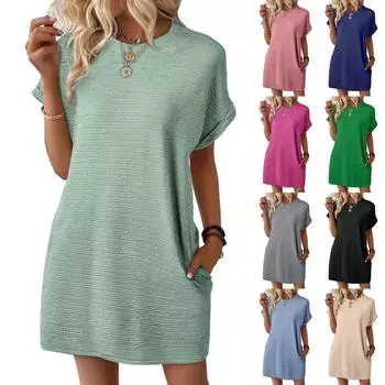 Женские летние платья с круглым вырезом, манжетами, подвернутыми, однотонными, с короткими рукавами и карманами S