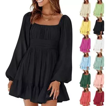 Женские летние платья с квадратным вырезом, оборками и короткими рукавами, однотонные платья с завязками XXL