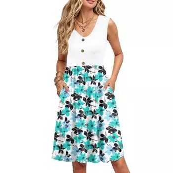 Женские летние платья с принтом, без рукавов, повседневные, свободные, расклешенные, на пуговицах, миди-сарафан с карманами S