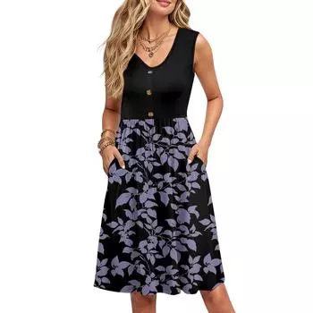 Женские летние платья с принтом, без рукавов, повседневные, свободные, расклешенные, на пуговицах, миди-сарафан с карманами M чёрный