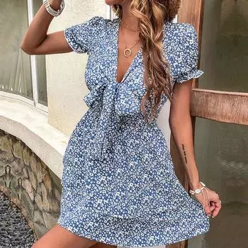 Женские летние платья с принтом и v-образным вырезом с короткими рукавами и высокой талией S синий