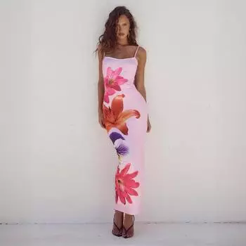 Женские летние платья с принтом и сексуальным халтером S розовый