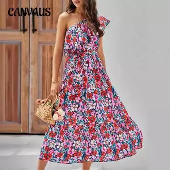 Женские летние платья с принтом на наклонных плечах S синий