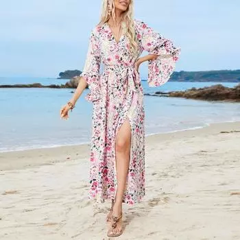 Женские летние платья с рюшами и нерегулярными рукавами и v-образным вырезом и завязками S белый