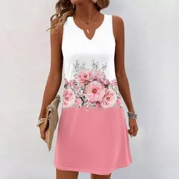 Женские летние платья с V-образным вырезом и принтом без рукавов Сарафан Повседневное платье S розовый