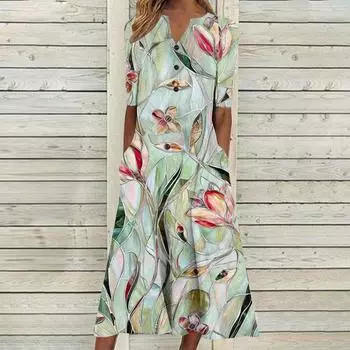 Женские летние платья с V-образным вырезом и цветочным принтом, миди-платье, повседневные платья с коротким рукавом, модные струящиеся сарафаны для отпуска L