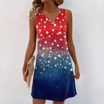 Женские летние платья с V-образным вырезом и принтом без рукавов Сарафан Повседневное платье XL красный