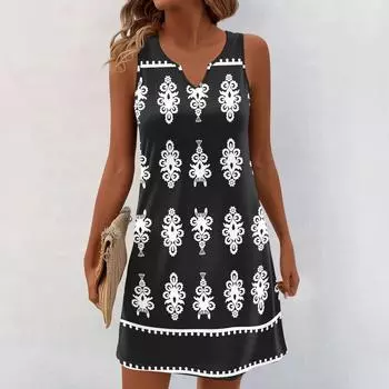 Женские летние платья с V-образным вырезом и принтом без рукавов Сарафан Повседневное платье XXL чёрный