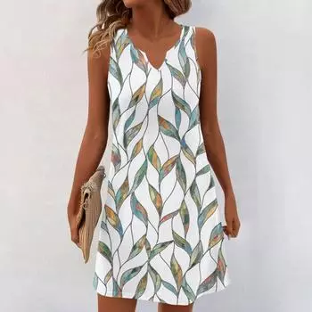 Женские летние платья с V-образным вырезом и принтом без рукавов Сарафан Повседневное платье XL