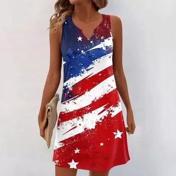 Женские летние платья с V-образным вырезом и принтом без рукавов Сарафан Повседневное платье S