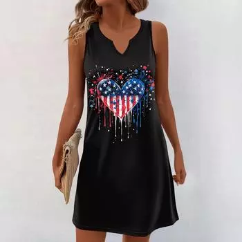 Женские летние платья с V-образным вырезом и принтом без рукавов Сарафан Повседневное платье XL чёрный