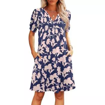 Женские летние платья с V-образным вырезом, повседневные пляжные платья, платья с коротким рукавом, платья с винтажным цветочным принтом L фиолетовый