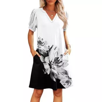 Женские летние платья с V-образным вырезом, повседневные пляжные платья, платья с коротким рукавом, платья с винтажным цветочным принтом XXL