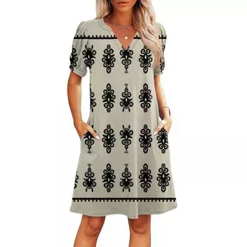 Женские летние платья с V-образным вырезом, повседневные пляжные платья, платья с коротким рукавом, платья в полоску с геометрическим принтом M хаки