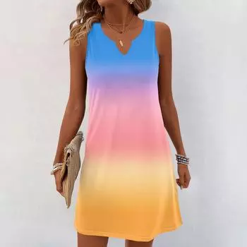 Женские летние платья с V-образным вырезом и принтом без рукавов Сарафан Повседневное платье XXL