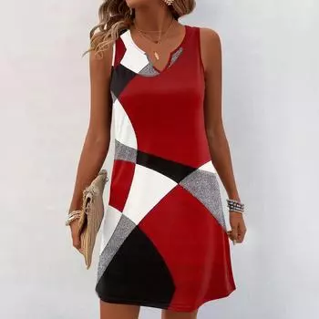 Женские летние платья с V-образным вырезом и принтом без рукавов Сарафан Повседневное платье L красный