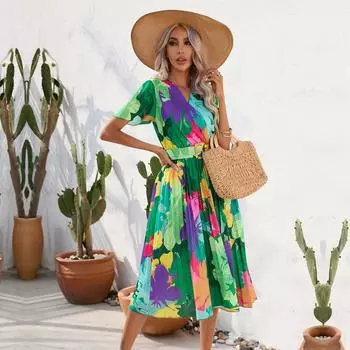 Женские летние платья с V-образным вырезом и цветочным принтом, с коротким рукавом и поясом с цветочным принтом S зелёный