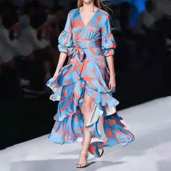 Женские летние платья с v-образным вырезом и пузырьковыми рукавами и высокой талией, завязками, рюшами и нерегулярным принтом S светло-синий